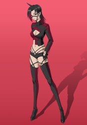 Rule 34 | 1girl, a ten art0720, absurdres, antenna hair, black footwear, black gloves, black hair, black shorts, boots, breasts, cleavage, cleavage cutout, clothing cutout, commentary, cropped jacket, gloves, gradient hair, high heel boots, high heels, highres, jacket, looking afar, medium breasts, multicolored clothes, multicolored hair, multicolored jacket, navel, original, red background, red eyes, red hair, shadow, short hair, short shorts, shorts, simple background, solo, standing, strap, thigh boots, two-tone hair, two-tone jacket