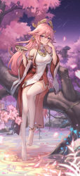 Rule 34 | 1girl, absurdres, animal ears, ankle bell, bare shoulders, bell, breasts, cheek rest, cherry blossoms, closed mouth, cup, detached sleeves, earrings, falling petals, floppy ears, fox ears, full body, genshin impact, hair ornament, hand on own face, highres, holding, holding cup, in tree, japanese clothes, jewelry, jingle bell, large breasts, long hair, looking at viewer, low-tied long hair, no shoes, nontraditional miko, outdoors, petals, pink hair, sakazuki, sitting, sitting in tree, skirt, sky, smile, solo, star (sky), starry sky, thighhighs, tree, water, white thighhighs, wide sleeves, yae miko, yelan xing xuan