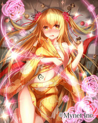 Rule 34 | 1girl, barefoot, black ribbon, blonde hair, collarbone, cookie, covering privates, covering breasts, eyebrows, falkyrie no monshou, food, hair ribbon, japanese clothes, kimono, long hair, looking at viewer, navel, open clothes, open kimono, open mouth, red ribbon, ribbon, solo, takanashie, yellow eyes