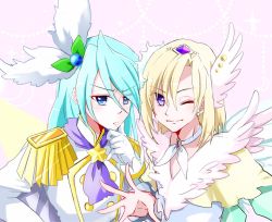 Rule 34 | 10s, 2boys, androgynous, ascot, bishounen, blonde hair, blue eyes, blue hair, blush, buttons, choker, closed mouth, commentary, cure infini, earrings, epaulettes, feathers, fringe trim, gloves, hair ornament, hand on own chin, hugtto! precure, jewelry, julio (precure), kirakira precure a la mode, komanana320, long hair, looking at viewer, magical boy, male focus, multiple boys, precure, purple eyes, smile, spoilers, tiara, wakamiya henri, white gloves, wing hair ornament