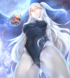 Rule 34 | 10s, 1girl, abyssal ship, aircraft carrier oni, aircraft carrier princess, breasts, cameltoe, colored skin, covered erect nipples, covered navel, e-kichi, from below, full moon, glowing, glowing eyes, kantai collection, large breasts, long hair, looking at viewer, looking down, moon, night, night sky, one-piece swimsuit, one side up, pale skin, red eyes, sky, swimsuit, very long hair, white hair, white skin