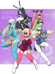 Rule 34 | 5girls, antennae, antgirl (onomeshin), aquamaria (onomeshin), black hair, blonde hair, blue eyes, boots, breasts, cleavage, collage, dark skin, dark-skinned female, disaster lily (onomeshin), electricity, gloves, goggles, goggles on head, hand on own hip, helmet, high voltage (onomeshin), highres, large breasts, leotard, long hair, low twintails, maid headdress, multiple girls, onomeshin, original, pink hair, pink legwear, rapidstar (onomeshin), red eyes, silver hair, superhero costume, thigh boots, thighhighs, twintails, underboob, white footwear