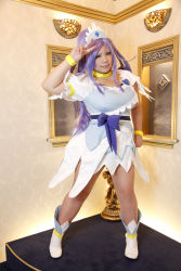 Rule 34 | 1girl, ankle boots, asian, blue eyes, blue hair, boots, bow, bracelet, breasts, choker, chouzuki maryou, cosplay, cure diamond, cure diamond (cosplay), dokidoki! precure, dress, hand on own hip, headpiece, highres, jewelry, large breasts, long hair, magical girl, matching hair/eyes, photo (medium), plump, ponytail, precure, puffy short sleeves, puffy sleeves, ribbon, short sleeves, solo, tiara, v