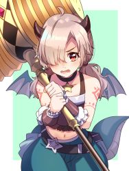 Rule 34 | 1girl, ahoge, bad id, bad pixiv id, bare shoulders, belt, black belt, black choker, blue pants, blush, brown hair, character request, choker, collarbone, crop top, dragon girl, dragon horns, dragon tail, dragon wings, green background, grey hair, grey wings, hair over one eye, hammer, hands up, highres, holding, holding hammer, horns, ichiren namiro, long hair, low twintails, midriff, mini wings, navel, open mouth, pants, princess connect!, puffy pants, red eyes, solo, star (symbol), star choker, sweat, tail, twintails, two-handed, two-tone background, wavy mouth, white background, wings
