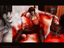 Rule 34 | 1boy, abs, alucard (hellsing), arm support, belt, black hair, blood, blood on clothes, couch, gloves, hair between eyes, hellsing, holding, male focus, navel, open clothes, open shirt, pants, shirt, sitting, skull, smile, solid&amp;etc, solo, vampire, white gloves