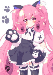 Rule 34 | 1girl, animal ears, animal hands, black gloves, black skirt, black thighhighs, blush, cat ears, cosplay, curly hair, fake animal ears, garter straps, gloves, hand on own hip, highres, kooh, kooh (cosplay), long hair, neneka (princess connect!), pangya, paw gloves, pink eyes, pink hair, pointy ears, princess connect!, shirt, skirt, solo, sw (taco), thighhighs, twintails, very long hair, white shirt