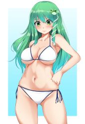 Rule 34 | 1girl, bare arms, bare shoulders, bikini, blue background, blush, border, breasts, collarbone, commentary request, cowboy shot, frog hair ornament, gluteal fold, gradient background, green eyes, green hair, hair between eyes, hair ornament, halterneck, hand on own hip, kochiya sanae, large breasts, long hair, looking at viewer, momendoufu, navel, outside border, side-tie bikini bottom, sidelocks, smile, snake hair ornament, solo, standing, stomach, swimsuit, thighs, touhou, white bikini, white border