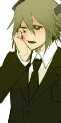 Rule 34 | 1boy, black nails, black necktie, black suit, collared shirt, crying, crying with eyes open, facing to the side, formal, funamusea, green eyes, hand on own chest, kuroko mikura, light green hair, long sleeves, looking ahead, male focus, necktie, one eye closed, open mouth, shirt, solo, suit, sullivan (funamusea), sutare yume, tears, white shirt