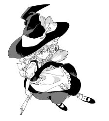 Rule 34 | 1girl, apron, black dress, bow, braid, broom, broom riding, buttons, dress, frilled dress, frills, from above, greyscale, hair bow, hat, hat bow, highres, kirisame marisa, looking at viewer, looking up, monochrome, natsume (menthol), puffy sleeves, shoes, short sleeves, side braid, single braid, socks, solo, touhou, waist apron, white background, witch hat