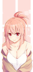 Rule 34 | 1girl, absurdres, akino sora, bare shoulders, blush, breasts, brown jacket, camisole, cleavage, closed mouth, commentary request, copyright request, hair between eyes, highres, jacket, long hair, looking at viewer, medium breasts, off shoulder, open clothes, open jacket, pink hair, red eyes, smile, solo, upper body, white camisole