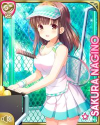 Rule 34 | 1girl, ball, bare legs, blue skirt, blush, breasts, brown eyes, brown hair, card (medium), chain-link fence, character name, collarbone, cowboy shot, day, fence, girlfriend (kari), large breasts, medium hair, multicolored clothes, multicolored skirt, nagino sakura, official art, open mouth, outdoors, pleated, pleated skirt, qp:flapper, racket, shirt, skirt, smile, solo, sparkle, sportswear, standing, tagme, tennis, tennis ball, tennis court, tennis racket, tennis uniform, tree, visor cap, white shirt, white skirt, white wristband, wristband