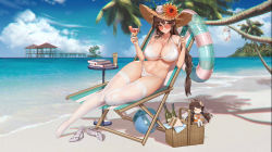 Rule 34 | 1girl, ball, bare arms, bare shoulders, basket, beach, bikini, blue sky, blush, book, braid, breasts, brown hair, character request, cleavage, cloud, d. (ddot2018), day, drinking straw, eating, food, full body, hair between eyes, halterneck, hat, high heels, highres, holding, huge breasts, innertube, iron saga, large breasts, long hair, looking at viewer, navel, ocean, official art, outdoors, palm tree, picnic basket, red eyes, sandwich, sitting, skindentation, sky, smile, solo, string bikini, sun hat, swim ring, swimsuit, thighhighs, tree, very long hair, water, white bikini, white thighhighs