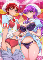Rule 34 | 10s, 2girls, bad id, bad pixiv id, blush, bra, breasts, breasts out, cameltoe, chef hat, clenched teeth, clothes lift, clothes pull, commentary request, cowboy shot, earrings, frilled bra, frilled panties, frills, glaring, hat, indoors, jewelry, kenjou akira, kirakira precure a la mode, kotozume yukari, large breasts, long hair, looking at viewer, medium breasts, mucha (muchakai), multiple girls, navel, panties, pants, pants pull, precure, purple bra, purple eyes, purple hair, purple panties, red bra, red eyes, red hair, red panties, scowl, shiny skin, short hair, short sleeves, skirt, skirt lift, standing, sweat, teeth, underwear, undressing