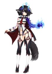 Rule 34 | 1girl, absurdres, animal ears, barbariank, black cape, black hair, blue eyes, bracelet, breasts, cape, commentary, english commentary, facial mark, female pubic hair, full body, hair over one eye, high heels, highres, horns, jewelry, looking at viewer, navel, original, pubic hair, red cape, short hair, simple background, small breasts, solo, tail, tattoo, two-sided cape, two-sided fabric, underboob, white background