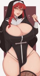 Rule 34 | 1girl, black panties, braid, braided ponytail, breasts, chainsaw man, cleavage cutout, clothing cutout, cross, g-string, highres, large breasts, leash, long hair, long sleeves, looking at viewer, makima (chainsaw man), nail polish, nun, panties, pelvic curtain, red hair, red nails, shiny skin, simple background, smile, solo, spookiebuni, standing, thick lips, thick thighs, thighhighs, thighs, thong, underwear, yellow eyes