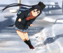 Rule 34 | &gt;:(, 1girl, :&lt;, black hair, black socks, brown eyes, coat, floating hair, frown, guitar case, instrument case, k-on!, kneehighs, loafers, long hair, nakano azusa, outdoors, pleated skirt, scarf, school uniform, shoes, skirt, sliding, snow, socks, solo, striped clothes, striped scarf, twintails, v-shaped eyebrows, watanore, winter