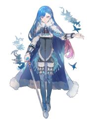 Rule 34 | 1boy, alba alfurira, blue cape, blue hair, cane, cape, dairoku ryouhei, full body, fur trim, gradient hair, long hair, long sleeves, looking at viewer, multicolored hair, red nails, roo (tw6), solo, standing, transparent background