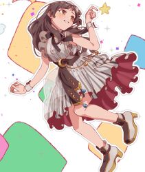 Rule 34 | 1girl, bare shoulders, belly chain, black bow, black bowtie, black sash, blush, bow, bowtie, breasts, brown eyes, brown hair, crescent, dress, full body, grey dress, grey footwear, high heels, hoyaza1561, idolmaster, idolmaster million live!, idolmaster million live! theater days, idolmaster poplinks, jewelry, kitazawa shiho, long hair, looking at another, medium breasts, multicolored background, open mouth, sash, smile, solo, sparkle, star (symbol), white wrist cuffs, wrist cuffs