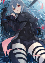 Rule 34 | 1girl, arknights, black gloves, black pants, black shirt, breasts, buttons, clothing cutout, detached sleeves, gloves, grey hair, highres, large breasts, long hair, long sleeves, looking at viewer, lying, on back, pants, parted lips, red eyes, shirt, skadi (arknights), skadi (elite ii) (arknights), solo, takehana note, thigh cutout, thighs, water