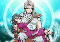 Rule 34 | 1boy, 1girl, absurdres, age difference, artist request, beard, blush stickers, bodysuit, breasts, closed eyes, crossover, facial hair, grey hair, hetero, highres, hokuto no ken, igawa asagi, large breasts, long hair, looking at another, lying on person, mature male, muscular, taimanin (series), taimanin asagi, taimanin suit, toki (hokuto no ken)