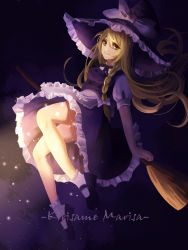 Rule 34 | 1girl, black hat, blonde hair, bow, character name, dress, hair between eyes, hat, highres, kirisame marisa, long hair, marionette (chocological), mary janes, shoes, smile, solo, touhou, white bow, witch hat, yellow eyes