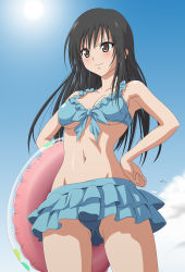 Rule 34 | 00s, 1girl, bikini, black hair, blue bikini, blush, breasts, brown eyes, day, frills, front-tie top, frown, hands on own hips, highres, innertube, kotegawa yui, medium breasts, solo, swim ring, swimsuit, to love-ru, toshi (anime coloring), underboob, wavy mouth