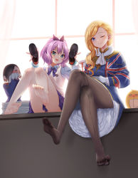 Rule 34 | 2girls, absurdres, ark royal (azur lane), azur lane, bare legs, barefoot, black legwear, blonde hair, blue capelet, blue dress, blue eyes, cang se ye hua, capelet, chinese commentary, commentary request, dress, feet, green eyes, hair over shoulder, hat, high ponytail, highres, holding, holding shoes, hood (azur lane), javelin (azur lane), javelin (slow ahead!) (azur lane), legs, long hair, looking at viewer, medium hair, multiple girls, no shoes, one eye closed, pantyhose, pleated skirt, purple hair, purple skirt, revision, royal navy, shoes, skirt, soles, tea, toes, toes up, union jack, wet, wet clothes, white dress, wide ponytail