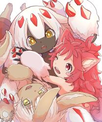 Rule 34 | 1other, 2girls, :3, androgynous, animal ear fluff, animal ears, body fur, brown fur, claws, dark skin, extra arms, faputa, fewer digits, fluffy, furry, furry female, furry with furry, highres, horizontal pupils, made in abyss, mitty (made in abyss) (furry), monster girl, multiple girls, nanachi (made in abyss), pachycope bon, pink fur, red claws, too much fluff, very dark skin, whiskers, white fur, white hair