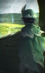 Rule 34 | 1boy, absurdres, aqua hair, bird, black hair, braid, cape, cloud, cloudy sky, commentary, from behind, genshin impact, grass, green cape, green hat, hat, highres, kitsunekotori, male focus, multicolored hair, outdoors, signature, sky, solo, standing, symbol-only commentary, twin braids, venti (genshin impact)