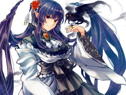 Rule 34 | 1girl, brooch, closed mouth, creature, dress, flower, hair flower, hair ornament, hair wings, hand up, jewelry, komota (kanyou shoujo), long hair, long sleeves, looking at viewer, original, purple hair, red eyes, red flower, ring, sash, simple background, smile, smoke, solo, very long hair, white background, white dress, wide sleeves