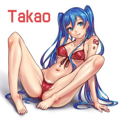 Rule 34 | 10s, 1girl, alternate hairstyle, aoki hagane no arpeggio, barefoot, bikini, blue eyes, blue hair, blush, breasts, cameltoe, highres, leaning back, long hair, looking at viewer, matching hair/eyes, nanjyolno, navel, open mouth, red bikini, simple background, sitting, small breasts, solo, spread legs, swimsuit, takao (aoki hagane no arpeggio), twintails, underboob