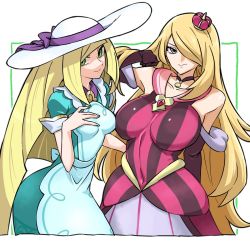 Rule 34 | 2girls, apron, aqua dress, bare shoulders, blonde hair, breasts, choker, closed mouth, collarbone, commentary request, cosplay, covered navel, creatures (company), crown, cynthia (pokemon), dress, elbow gloves, game freak, gloves, green eyes, grey eyes, hair over one eye, hat, highres, kenchi, large breasts, lillie (pokemon), lillie (pokemon) (cosplay), lillie (special costume) (pokemon), long hair, looking at viewer, lusamine (pokemon), medium breasts, mini crown, multiple girls, nintendo, pokemon, pokemon dppt, pokemon masters ex, pokemon sm, red dress, shaded face, sleeveless, sleeveless dress, smile, sonia (pokemon), sonia (pokemon) (cosplay), sonia (special costume) (pokemon), standing, striped clothes, striped dress, sun hat, very long hair