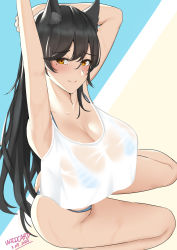 Rule 34 | 1girl, 2021, animal ear fluff, arms up, artist name, ass, atago (azur lane), azur lane, bikini, black hair, blouse, blue background, breasts, cleavage, crop top, crop top overhang, highres, large breasts, long hair, see-through, see-through shirt, shirt, simple background, smile, string bikini, swimsuit, two-tone background, white shirt, wild card, yellow background, yellow eyes