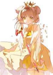 Rule 34 | 1girl, blush, brown hair, cardcaptor sakura, chaaarity, dress, fuuin no tsue, green eyes, hand on own chest, highres, holding, holding wand, kinomoto sakura, looking at viewer, short hair, smile, solo, two side up, wand, yellow dress