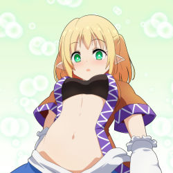 Rule 34 | 1girl, :o, blonde hair, breasts, cato (monocatienus), commentary, eyes visible through hair, from below, green eyes, looking at viewer, looking down, medium breasts, mizuhashi parsee, navel, open clothes, open mouth, pointy ears, short sleeves, simple background, solo, stomach, touhou, upper body