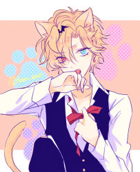 Rule 34 | 10s, 1boy, amo (yellowpink a), animal ears, bat wings, blonde hair, blue eyes, bow, bowtie, cat boy, cat ears, covering privates, diabolik lovers, earrings, hair over one eye, heterochromia, jewelry, knee up, looking at viewer, male focus, mukami kou, open mouth, ponytail, red eyes, single earring, solo, tail, undressing, upper body, wings