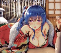 Rule 34 | 1girl, :d, ahoge, alternate costume, azur lane, bare shoulders, blush, bottle, breasts, buran (22x), cleavage, collarbone, commentary request, cup, flower, fur collar, hair between eyes, hair flower, hair ornament, highres, holding, holding cup, indoors, japanese clothes, kimono, large breasts, long hair, long sleeves, looking at viewer, lying, off shoulder, on stomach, open mouth, red flower, red kimono, sake bottle, sidelocks, smile, snow, solo, st. louis (azur lane), st. louis (spirits in the snow) (azur lane), tree, wide sleeves