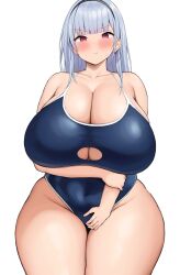 Rule 34 | 1girl, :t, absurdres, alternate costume, arm under breasts, azur lane, black hairband, blue one-piece swimsuit, blunt bangs, blush, breast hold, breasts, cleavage, cleavage cutout, closed mouth, clothing cutout, collarbone, commentary, covered navel, cowboy shot, dido (azur lane), ear piercing, earrings, glaring, grey hair, hairband, highleg, highleg swimsuit, highres, huge breasts, jewelry, long hair, looking at viewer, neneneji, one-piece swimsuit, piercing, plump, pout, purple eyes, simple background, single earring, solo, standing, sweatdrop, swimsuit, thick thighs, thighs, underboob, v-shaped eyebrows, white background, wide hips