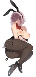 Rule 34 | 1girl, animal ear hairband, animal ears, ass, black footwear, black hairband, black pantyhose, breasts, detached collar, detached sleeves, fake animal ears, fake tail, fate/grand order, fate (series), full body, hairband, high heels, highres, kyo mo nemuru, large breasts, leotard, lying, mash kyrielight, mouth hold, necktie, nipples, on side, pantyhose, playboy bunny, purple eyes, purple hair, rabbit ear hairband, rabbit ears, rabbit tail, red necktie, short hair, simple background, solo, tail, white background