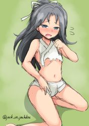 Rule 34 | 10s, 1girl, absurdres, artist name, bare arms, bare legs, black hair, blue eyes, blush, embarrassed, gradient background, green eyes, highres, jack (jackdou), kantai collection, katsuragi (kancolle), kneeling, long hair, messy hair, navel, open mouth, sitting, solo, torn clothes, underwear, wavy mouth