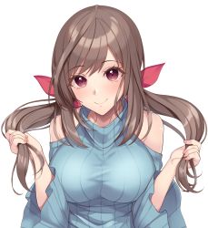 Rule 34 | 1girl, bare shoulders, blue sweater, blush, breasts, brown hair, closed mouth, clothing cutout, fingernails, highres, hiiragi hazime, idolmaster, large breasts, looking at viewer, nail polish, pink nails, purple eyes, revision, shoulder cutout, simple background, smile, solo, sweater, tsukioka kogane, twintails, upper body, white background