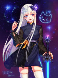 Rule 34 | 1girl, beads, beam saber, blue dress, blue eyes, dool hana, dress, glint, hair ornament, highres, holding, holding sword, holding weapon, long hair, long sleeves, looking to the side, lower teeth only, original, planted, planted sword, planted weapon, puffy long sleeves, puffy sleeves, sash, solo, star (sky), sword, teeth, thighhighs, upper body, weapon, white hair, white thighhighs