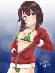 Rule 34 | 1girl, ame-san, bikini, black hair, blush, breasts, closed mouth, collarbone, covered erect nipples, dated, gloves, green bikini, grey eyes, hayasui (kancolle), highres, jacket, kantai collection, large breasts, long sleeves, looking at viewer, medium hair, red gloves, red jacket, smile, solo, swimsuit, twitter username, undressing, unzipped, unzipping, upper body