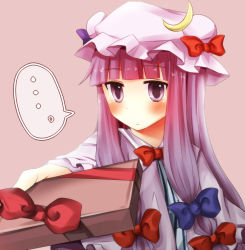 Rule 34 | 1girl, bad id, bad nicoseiga id, blush, crescent, female focus, gift, hair ribbon, hat, holding, holding gift, incoming gift, long hair, pasutel, patchouli knowledge, purple eyes, purple hair, ribbon, solo, touhou