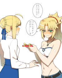 Rule 34 | 2girls, absurdres, ahoge, artoria pendragon (all), artoria pendragon (fate), averting eyes, blonde hair, blue ribbon, blush, box, braid, breasts, fate/apocrypha, fate/stay night, fate (series), french braid, gift, gift box, green eyes, hair bun, hair ribbon, highres, hyperbudd, incest, long hair, medium breasts, mordred (fate), mordred (fate/apocrypha), mordred (memories at trifas) (fate), mother and daughter, multiple girls, parted bangs, ponytail, ribbon, saber (fate), sidelocks, single hair bun, small breasts, speech bubble, translation request, valentine