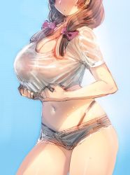 Rule 34 | 1girl, black panties, blue background, blush, bow, bow (bhp), breasts, brown hair, cleavage, closed mouth, cowboy shot, facing viewer, head out of frame, high-waist skirt, highleg, highleg panties, huge breasts, long hair, low twintails, micro shorts, navel, original, panties, pink bow, shirt, short sleeves, shorts, simple background, skirt, solo, twintails, underwear, wet, wet clothes, wet shirt