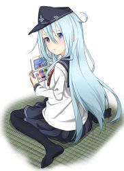 Rule 34 | 10s, 1girl, anchor symbol, aqua hair, black pantyhose, black skirt, blouse, blue eyes, blush, feet, flat cap, from behind, game &amp; watch, ganondorf, handheld game console, hat, hibiki (kancolle), highres, kantai collection, long hair, long sleeves, looking at viewer, looking back, mario, mario (series), max melon, mr. game &amp; watch, neckerchief, nintendo, nintendo 3ds, no shoes, pantyhose, playing, pleated skirt, pout, sailor collar, shirt, simple background, sitting, skirt, solo, super mario bros. 1, super smash bros., the legend of zelda, wariza, white background