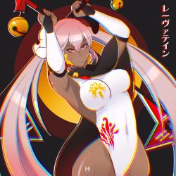 Rule 34 | 1girl, alternate costume, armpits, arms up, axe, bell, black background, capelet, covered navel, dark skin, dark-skinned female, dual wielding, elbow gloves, fire emblem, fire emblem heroes, gloves, gold trim, highres, holding, holding weapon, ihsnet, jingle bell, laevateinn (fire emblem), leotard, long hair, mask, mask on head, nintendo, pink hair, red eyes, shuriken, simple background, solo, thighs, twintails, very long hair, watermark, weapon, white gloves, white leotard