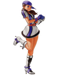 Rule 34 | 1girl, ai (snk), baseball cap, baseball uniform, blue eyes, boots, brown hair, dress, gloves, hat, high heels, knee boots, neo geo battle coliseum, neo geo pocket color, official art, ogura eisuke, playing games, shoes, short twintails, snk, solo, sportswear, standing, standing on one leg, twintails