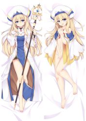 Rule 34 | 1girl, bare legs, barefoot, bed sheet, blonde hair, blue eyes, breasts, closed mouth, collarbone, covering privates, covering crotch, dakimakura (medium), female focus, from above, full body, goblin slayer!, hair between eyes, hat, holding, holding staff, long hair, long sleeves, looking at viewer, lying, moeanime, multiple views, nail polish, navel, on back, open mouth, pink nails, priestess (goblin slayer!), small breasts, split screen, staff, toenail polish, toenails, very long hair, wavy mouth, white headwear